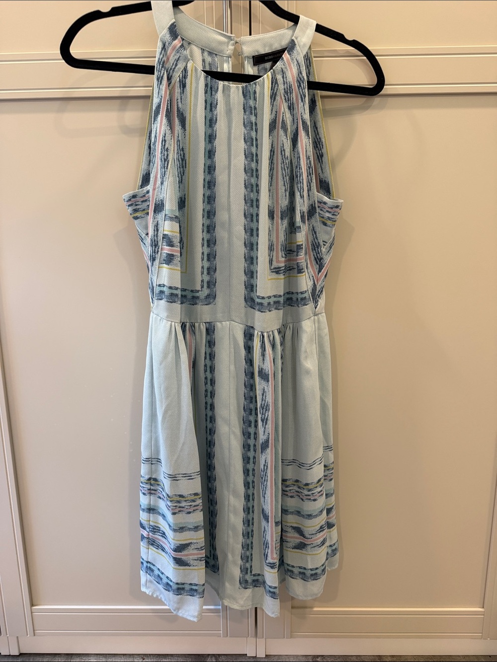 BCBG Light Blue Patterned Midi Dress with Pastel Accents